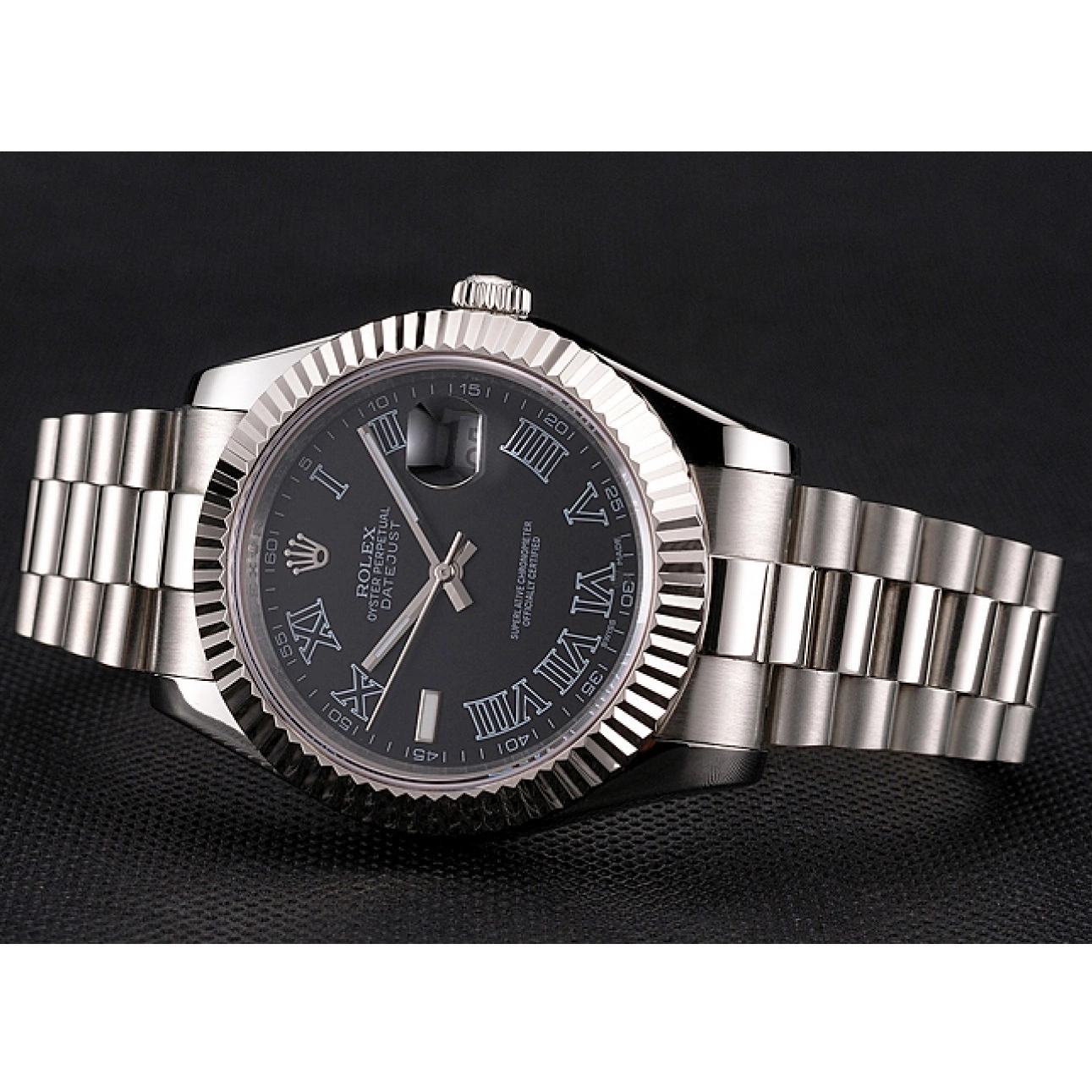 AAA Replica Watches Roman And Datejust Black Swiss Numerals Dial Rolex Case Stainless Steel Bracelet 0806